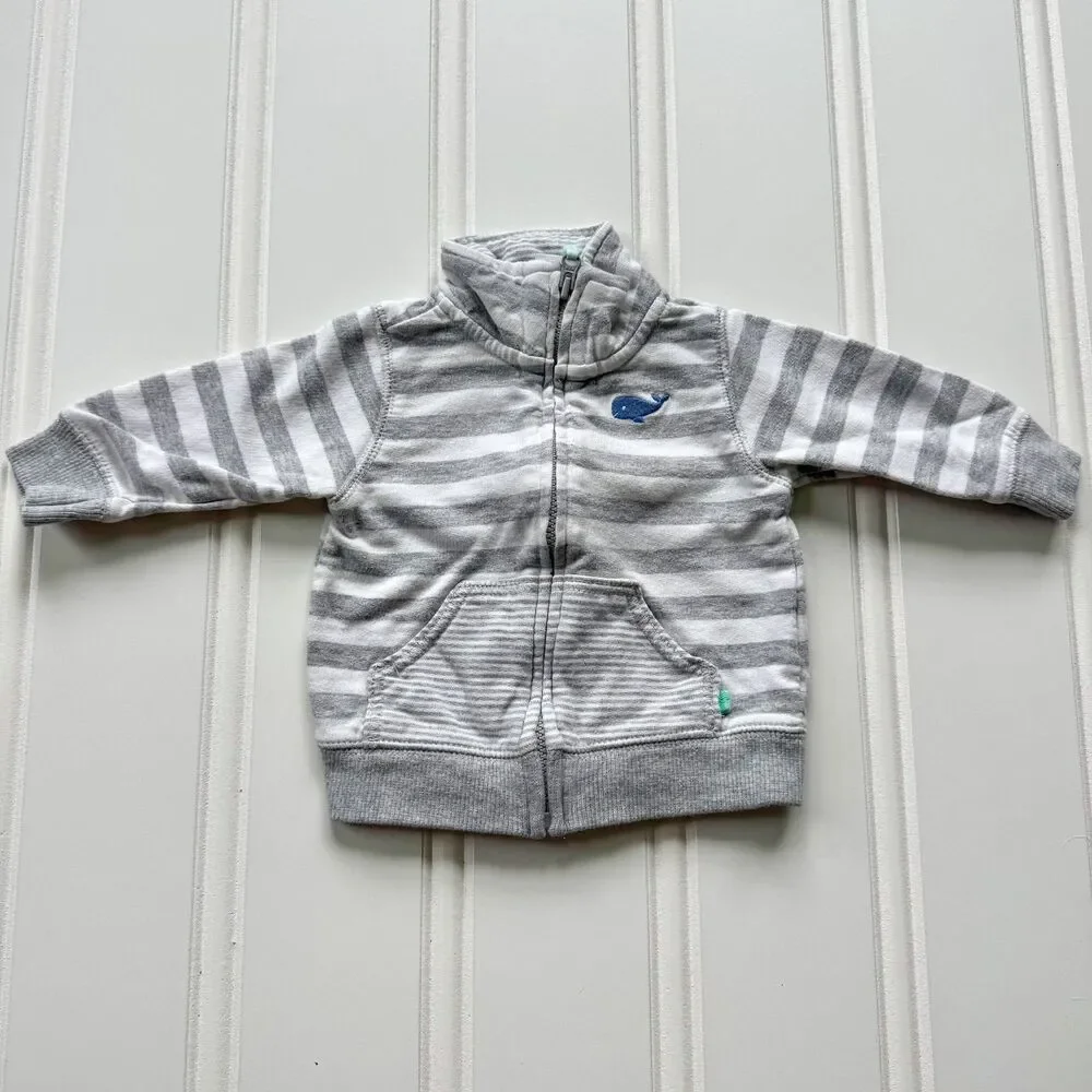 4/$10 - Carter’s Baby Cotton Nautical Zip-Up Jacket | Grey White Striped w/ Whal
